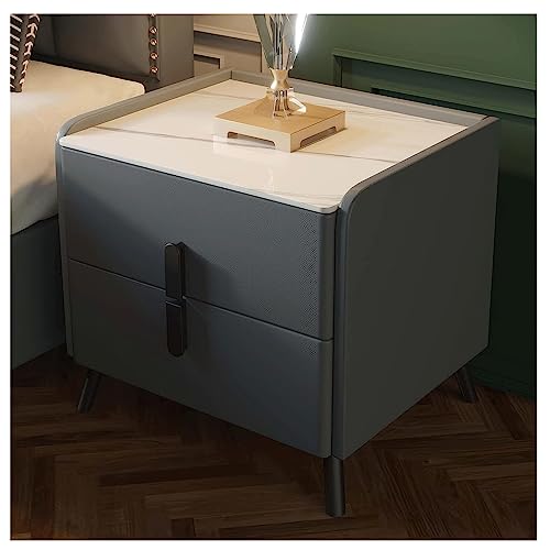 YHEIANJ Nachttisch mit 2 Schubladen, mit Leder umwickelter Nachttisch, Beistelltisch mit Steinplatte, Kiefernholz-Nachttisch, Schlafzimmer-Nachttisch, interessant?D 40CMX46CM
