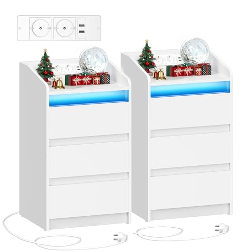Hzuaneri Nachttisch 2er Set mit 3 Schubladen, Beistelltisch mit Ladestation und LED, 2 AC-Steckdosenund 2 USB-Anschlüsse für Schlafzimmer, Wohnzimmer, Weiß NS40103X