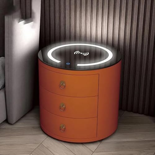 Runder Nachttisch mit 3 Schubladen, Smart Nachttisch mit einstellbarem LED-Licht & Kabellose Ladestation in Glas, Schlafzimmer & Wohnzimmer Geschenk, 002