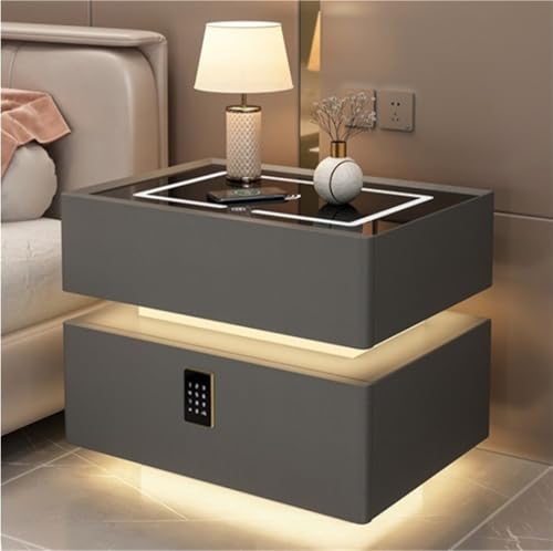 Moderner Nachttisch mit Induktionslicht und Passwortsperre, intelligenter Nachttisch mit kabelloser Ladestation, einfacher Nachttisch mit zwei Schubladen (Silber, 15,7 * 15,7 * 18,9 Zoll) (G