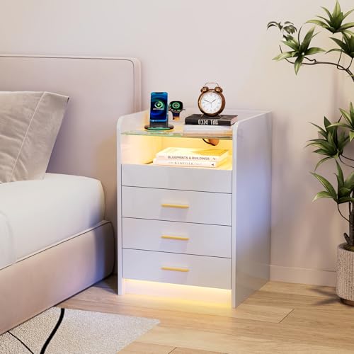 Ztexkee Nachttisch mit Steckdose und LED Lichtleiste Nachtschrank mit Ausziehbares Staufache Beistelltisch Groß Nachttisch mit 3 Schubladen und 2 Ablagefächer für Schlafzimmer, Wohnzimmer Weiß