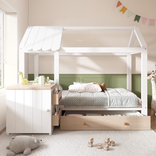 Hausbett 90x200, Kinderbett aus Massivholz & Aufbewahrungsbox & Schubladen, Montessori Bodenbett Baumhausbett Jugendbett Rausfallschutz Lattenrost, ohne Matratze, Weiß+Eich