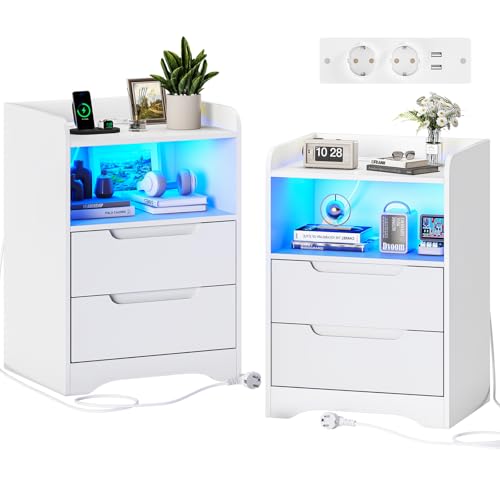 Brinlawb 2er set Ladefunktion LED Licht Nachtschrank 2er set 2 Schubladen 1 Offenes Fach Beistelltisch Weiss Couchtisch Sofatisch für Schlafzimmer Wohnzimmer Weiß