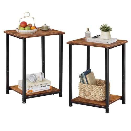 WLIVE Beistelltisch klein, 2er Set, Nachttisch schmal mit offenem Stauraum, für Schlafzimmer, Wohnzimmer, mit Metallrahmen, Vintagebraun-Schwarz