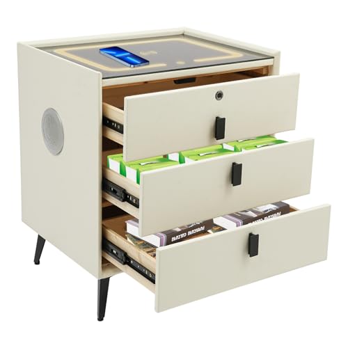 Smart Nachttisch 50 cm Breit mit Bluetooth-Lautsprecher Handy-Kabellos-Induktive- Aufladen USB-Aufladen Fingerabdruck-Schloss-Sch ublade Berührungsschalter-LED-N achtlicht Massivholz PU-Leder (Beige)