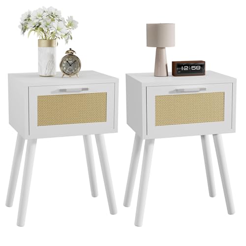 YMYNY Rattan Nachttisch 2er Set, Beistelltisch, Boho-Nachtschrank mit Magnetschublade, Massivholz Beinen, 35x27x53 cm, Sofatisch, Couchtisch für Wohnzimmer, Büro, Schlafzimmer, Weiß HST010W-2