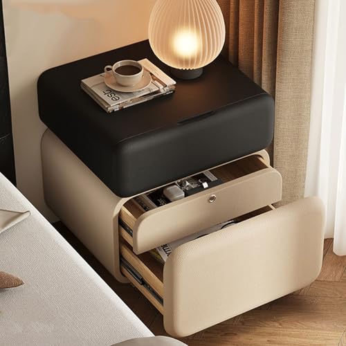 Massivholz-Nachttisch,Nac httisch Aus Holz,Aufbewahrung for Zuhause,Leder Mit 3 Schubladen,für Schlafzimmer,Wohnzimmer,W ohnheim,Endseite,Keine Montage Erforderlich(Black+Khaki, 30x40x50cm)