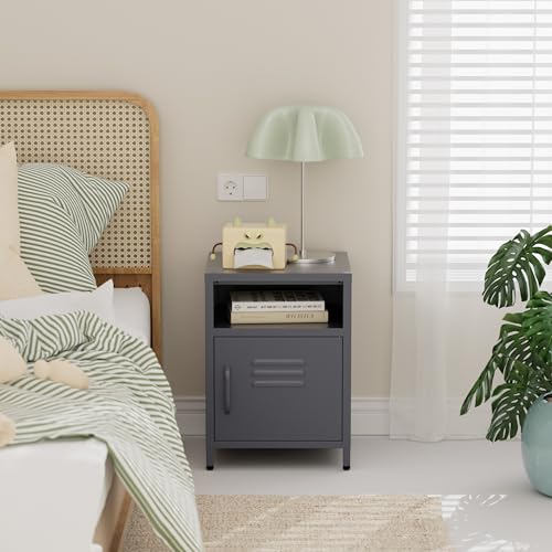 Lendo Online Nachttisch Metall - 40x40x55 cm – Nachtschrank mit Tür – Kleiner Metallschrank – Beistelltisch für Schlafzimmer & Wohnzimmer (Anthrazit)