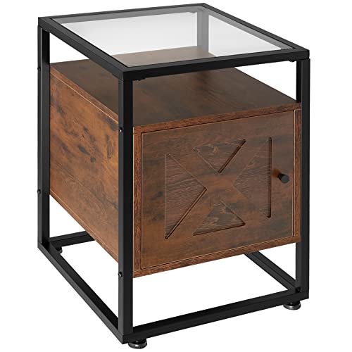 tectake Nachttisch mit Glasoberfläche, 40 x 43 x 60,5 cm, Beistelltisch im Industrie-Design, Holz Nachtschrank für Boxspringbetten, schwarzes Metallgestell (Industrial Dunkelbraun)