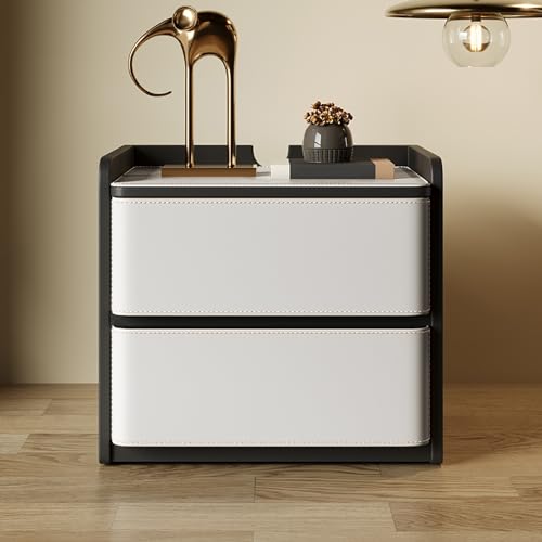 Schmaler Nachttisch mit 2 Schubladen, Massivholz & Kunstleder, moderner schwarzer Nachttisch für Schlafzimmeraufbewahrung, stilvoller und funktionaler Nachttisch