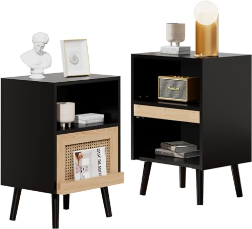 UEV Nachttisch Rattan 2er Set Boho Stil, Nachtschank Holz mit offenem Regal Beinen Sofatisch Nachtkommode nightstand Beistelltisch für Wohnzimmer Schlafzimmer, 40 x 30 x 60cm, Schwarz