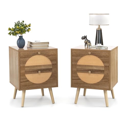 COSTWAY Nachttisch Rattan 2er Set, Nachtschrank mit 2 Schubladen, Beistelltisch mit Beinen aus Massivholz, Sofatisch, Nachtkonsole im Boho-Sti für Schlafzimmer und Wohnzimmer, 40 x 40 x 56 cm
