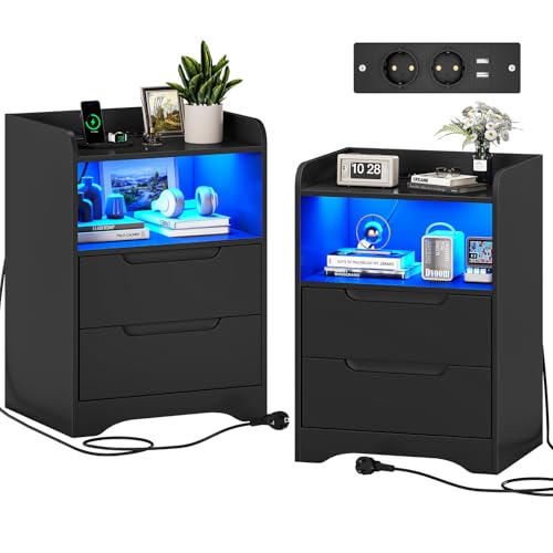 Brinlawb Nachttisch 2er Set Nachttische Ladefunktion LED Licht Nachtschrank 2er Set 2 Schubladen Nachttisch Beistelltisch Couchtisch Sofatisch für Schlafzimmer, Wohnzimmer
