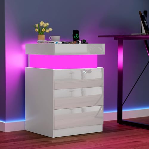 Nachttisch weiß led, 3 Schubladen, Nachttisch mit USB, AC Steckdosen, 2 USB-Anschlüsse, Hochglanz, Verstecktem Schublade, Beistelltisch Nachtschrank für Schlafzimmer Wohnzimmer