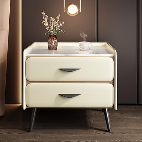 Luxuriöser Nachttisch mit Kunstmarmorplatte und PU-Leder-Finish, 2 Schubladen, Aufbewahrungsschrank für Schlafzimmer oder Wohnzimmer, minimalistischer Beistelltisch (18 x 16 x 20 Zoll), Gelb