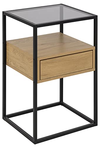 AC Design Furniture Radek quadratischer Nachttisch mit einer Schublade, zwei Ablagen, Glasplatte und Holzschublade, schwarzer Metallrahmen mit leicht zugänglicher Schublade, vielseitiger Nachttisch