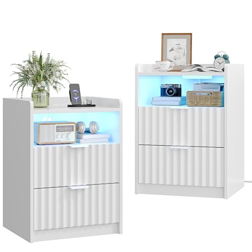 mojiasion Nachttisch 2er Set weiß mit USB-Ladestation & LED-Beleuchtung – 2 Schubladen + 1 Fach – Moderner Nachtschrank Weiss-Set als Beistelltisch/Couchtisch für Schlafzimmer & Wohnzimmer