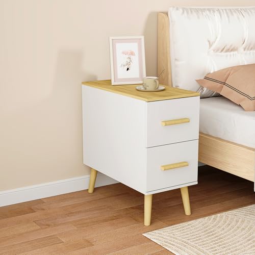 Caldion Moderner Nachttisch mit 2 Schubladen, Weiß und Holz, Skandinavisches Design