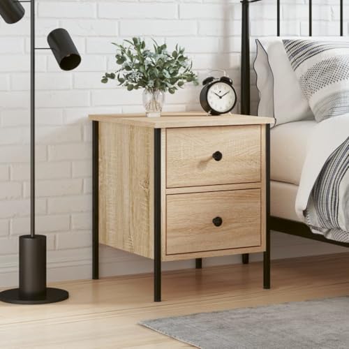 Qnhdfrt Schmaler Nachttisch aus Holzwerkstoff und Eisen mit 2 Schubladen 40x42x50 cm Sonoma-Eiche Industrie-Design Beistelltisch für Schlafzimmer