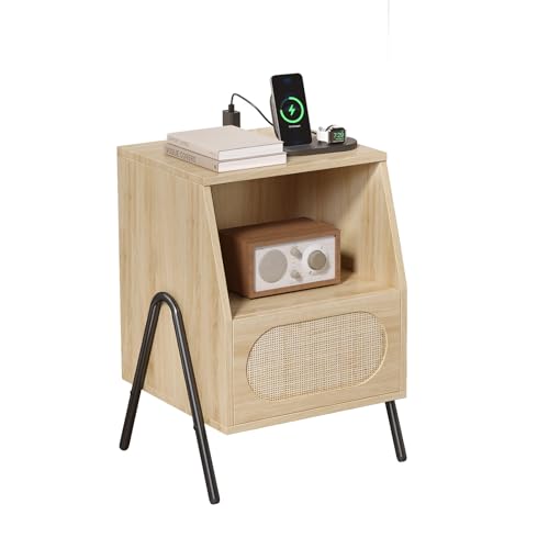Bonnlo Nachttisch Rattan, Beistelltisch mit Ladefunktion, Holz Nachtschrank mit Schublade und Eichenregal, für Schlafzimmer, Wohnzimmer, 44 x 40 x 60 cm