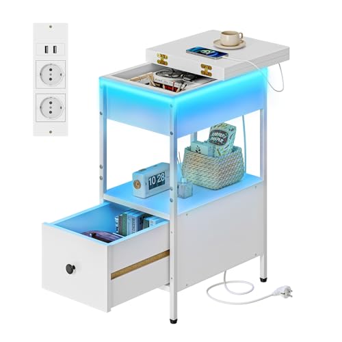 Dripex Nachttisch mit Ladefunktion und LED-Beleuchtung, Beistelltisch mit Schubladen, Verstecktem Stauraum und offenes Fach, Sofatisch Schmaler für Schlafzimmer, Wohnzimmer, 60 x 28 x 63.5 cm, Weiß