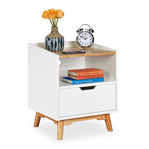 Relaxdays Nachttisch mit Holzbeinen, skandinavisches Design, Schublade, offenes Fach, Betttisch 50 x 43 x 40 cm, weiß