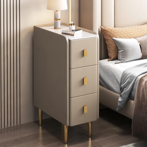 Schlanker Nachttisch für kleine Räume, moderner Nachttisch mit 2 Schubladen, PU-Leder und Metallbeinen, schmaler Beistelltisch für Schlafzimmer & Wohnzimmer (25 x 40 x 62 cm, Khaki)