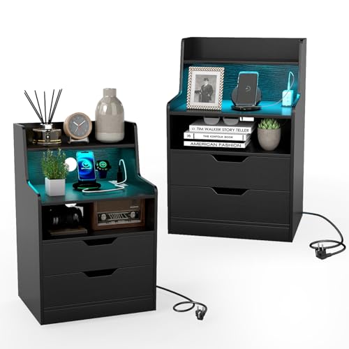 COSTWAY Nachttisch mit LED-Lichtern und Ladestation, 2er Set, Beistelltisch mit 2 Schubladen, offenen Fächern & Fernbedienung, Sofatisch, Nachtschrank für Boxspringbett, 45 x 35 x 72,5 cm (Schwarz)