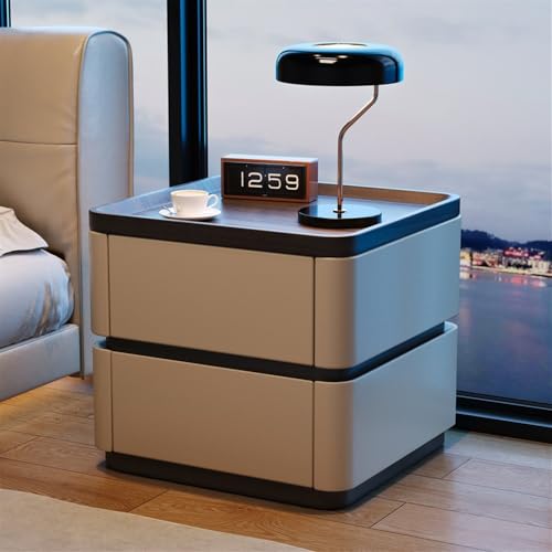HJYBFA Nachttisch aus Leder mit 2 Schubladen, moderner Massivholzschrank, Schlafzimmer-Beistelltisc h (Khaki, 45,7 x 39,9 x 50 cm)