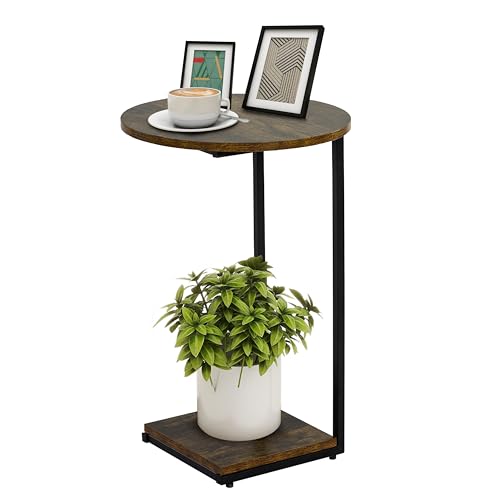 HDANI C-förmiger Beistelltisch Runder Couchtisch Sofatisch Nachttisch Nachttisch Laptoptisch,Sofatisch für Wohnzimmer Schlafzimmer Balkon Terrasse, 40x40x60 cm, Vintagebraun-schwarz