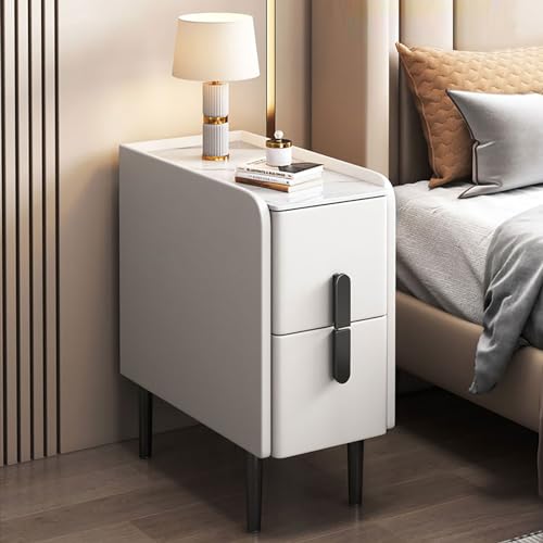 Luxuriöser moderner aus Kunstleder Marmorplatte, schmales Design, 2 Schubladen, stilvolle Metallbeine, eleganter Schlafzimmer Beistelltisc h – weißes Finish
