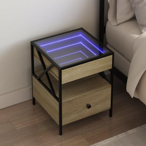 Ordellia Nachttisch mit Infinity-LED Sonoma-Eiche, 40x40x51 cm, robuster Beistelltisch aus Holzwerkstoff, Stabiler Nachtschrank für Schlafzimmer & Wohnzimmer, Bettseitentisch mit RGB-Licht