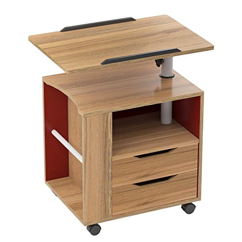 DlandHome Nachttisch mit Rollen, Beistelltisch mit 2 Schubladen, Nachttisch, Aufbewahrungsschrank mit Oberplatte, 360 Grad drehbar, Eiche