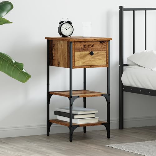 ZQQLVOO Nachttisch Alter Holz 34x36x70 cm Holzwerkstoff mit Metallrahmen, Rustikaler Beistelltisch mit Schublade und Zwei Regalen, Schlafzimmer Aufbewahrung, Landhausstil Dekoration