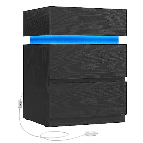 VASAGLE Nachttisch mit LED-Beleuchtung, Beistelltisch, einstellbare Farben, Sofatisch 3 Schubladen, Nachtschrank Schlafzimmer, modern, 35 x 40 x 55 cm, schwarz mit Holzmaserung LET630T56