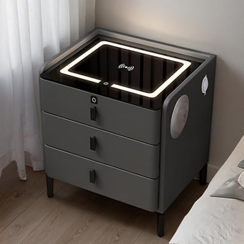 Smart-Nachttisch mit USB- und Typ-C-Anschlüssen, Fingerabdruck-Schloss, verstellbare LED-Lichter, 3 Schubladen, Leder-Finish, modernes Design für Schlafzimmer und Schlafsaal