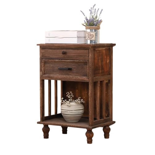 MYOLIO Massivholz-Nachttisch, Schlichter, Luftiger Sideboard Mit Schublade for Das Schlafzimmer Im Amerikanischen Stil, Multifunktionaler Aufbewahrungsschrank(Retr o Brown - b)