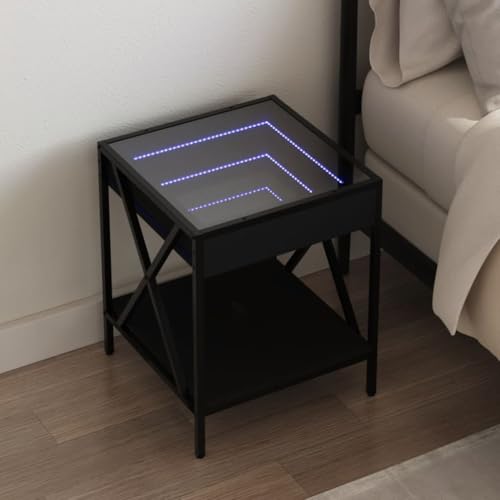 Mandloder Nachttisch Schwarz 40x40x49 cm mit Infinity-LED-Beleuchtung, Holzwerkstoff, Glas und Stahlgestell, stabil, für Schlafzimmer, modernes Design