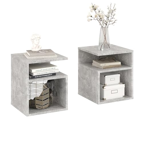 KOMTO Nachttisch 2er Set Beton – Nachtschrank, Beistelltisch mit 2 offene Fächer, Nachtischschränke für Schlafzimmer, Wohnzimmer | Bedside Table KABA 35 x 35 x 41,5 cm