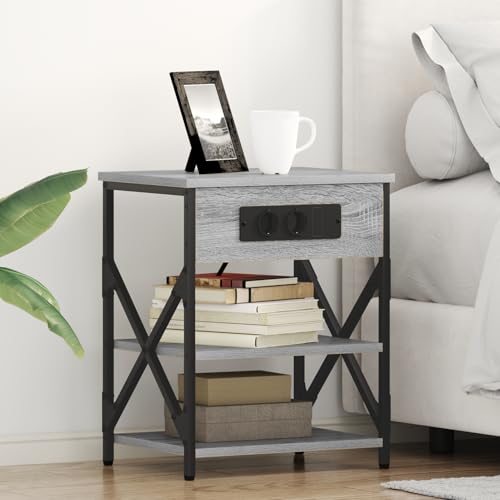 Homgoday Nachttisch mit Ladestation mit Regal Grau Sonoma Holzwerkstoff Nightstand Model859521