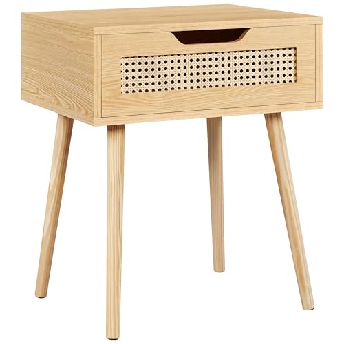Yaheetech Nachttisch Rattan Beistelltisch Nachtkommode mit 1 Schublade Holzbeine Sofatisch Nachtschrank Schlichte Nachtkommode fürs Wohnzimmer/Schlafzimmer, Hellbraun