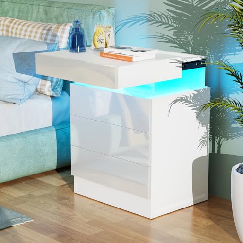 Lvhcmfohm Nachttisch Weiß mit Led, Nachtschrank, Nachtkommode mit 3 Schubladen und Schränke mit Klappdeckel für Wohnzimmer, Schlafzimmer (45x35x61cm)