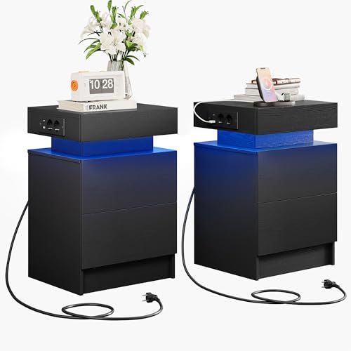 IRONCK Nachttisch 2er Set mit LED-Lichtern & 2 AC-Steckdose, Beistelltisch mit USB+Typ-C Anschlussen, Nachtschrank mit 2 Schubladen, Sofatisch für Schlafzimmer, Wohnzimmer, Schwarz