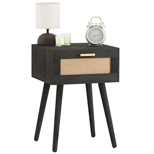 CARO-Möbel Nachttisch Kiran in schwarz, Nachtschrank mit 1 Schublade, Nachtkommode imBoho Style und Jute Geflecht, Beistelltisch aus Paulownia Holz