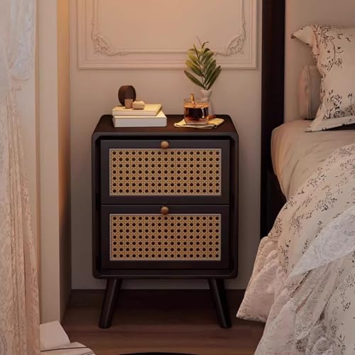 Nachttisch aus Holz, Rattanweberei for das Schlafzimmer im Haushalt, Schwarz, 35 x 40 x 49 cm