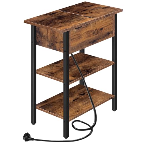 HOOBRO Beistelltisch, Flip-Top Sofatisch mit Ladestation und Ablagefläche, Schmaler Nachttisch für kleine Räume, Schlafzimmer, Wohnzimmer, Stabile, Dunkelbraun EBF342BZ01