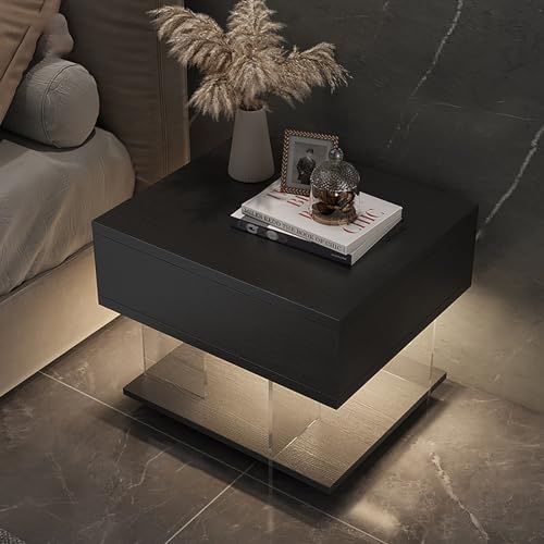 LLYLAFDC Nachttisch Mit Led Nachtkästchen,Nachttisch Mit Schublade Und Offenen Fächern,Beistelltisch Für Schlafzimmer Holz Beistelltisch Organizer Einheit(Nero,40 * 40 * 60cm)