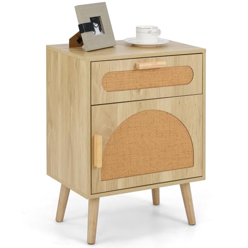 COSTWAY Nachttisch Rattan, Nachtschrank mit Schublade und Schrank, Beistelltisch, Sofatisch, Nachtkonsole im Boho-Sti für Schlafzimmer, Wohnzimmer, 45 x 30 x 61 cm