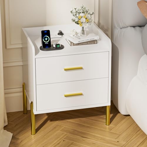 FiveWillowise Nachttisch mit Ladefunktion, Nachtschrank mit 2 Schubladen, USB-Anschlüsse, Beistelltisch mit Beinen, Nachtkommode Nachtkästche Modern für Schlafzimmer Wohnzimmer Arbeitszimmer, Weiß