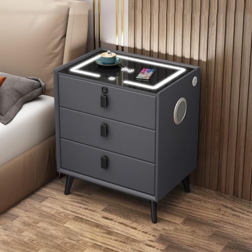 Nachttisch aus Holz mit Ladestation, 2 USB-Anschlüssen und 3 Schubladen, moderner Beistelltisch mit LED-Licht, multifunktionaler Aufbewahrungsschrank für Schlafzimmer, Farbe Grau